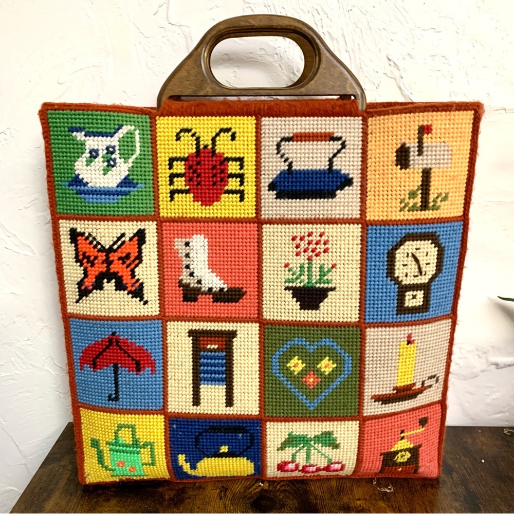 Vintage 70s Needlepoint Cross Stitch Tote Bag - Bright Colors, Cottagecore